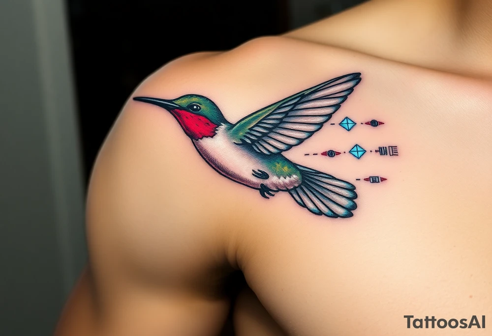A hummingbird leaving a trail of glowing hieroglyphs as it flies(only red , blue and black are possible colors) tattoo idea