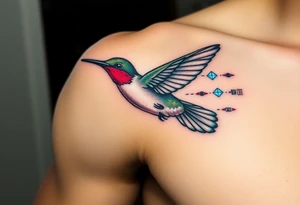 A hummingbird leaving a trail of glowing hieroglyphs as it flies(only red , blue and black are possible colors) tattoo idea