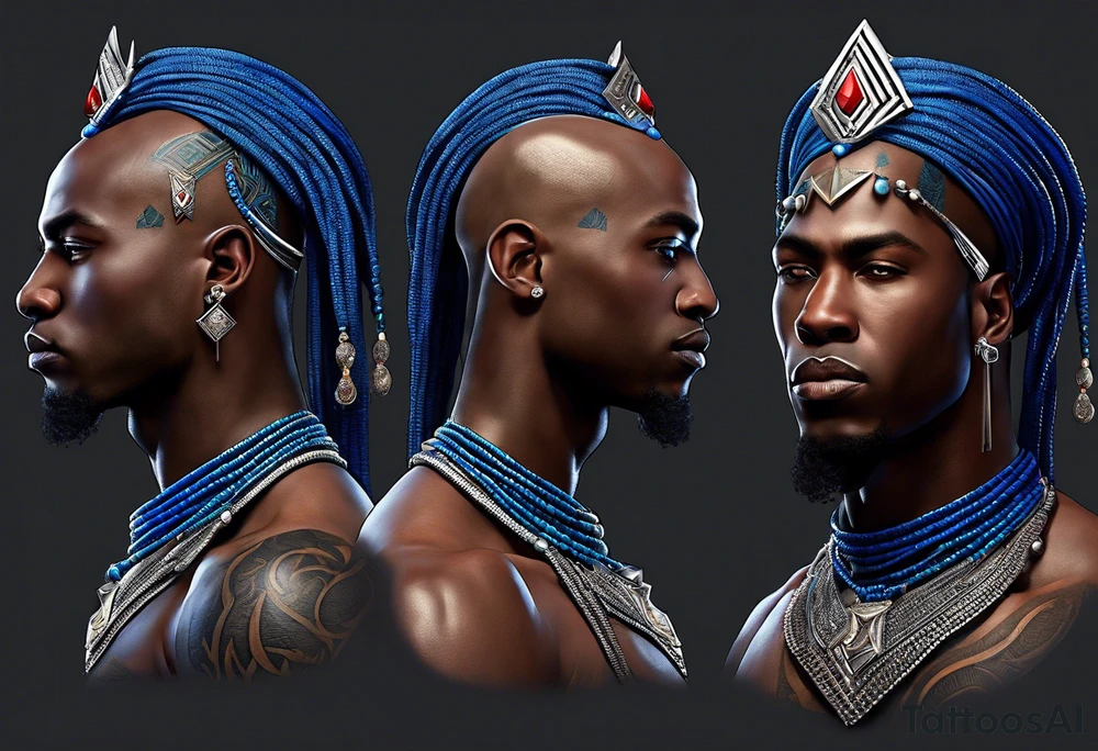 Black-skinned bald african warrior. He wears a simple and small silver crown. He uses blue and red necklaces tattoo idea