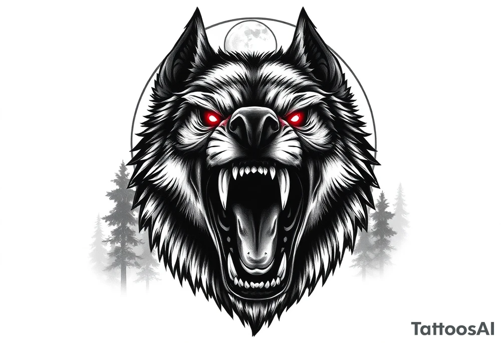 Detailed werewolf muzzle, bared teeth, glowing red eyes, crescent moon behind, dark forest background. tattoo idea
