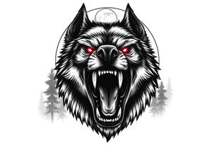 Detailed werewolf muzzle, bared teeth, glowing red eyes, crescent moon behind, dark forest background. tattoo idea