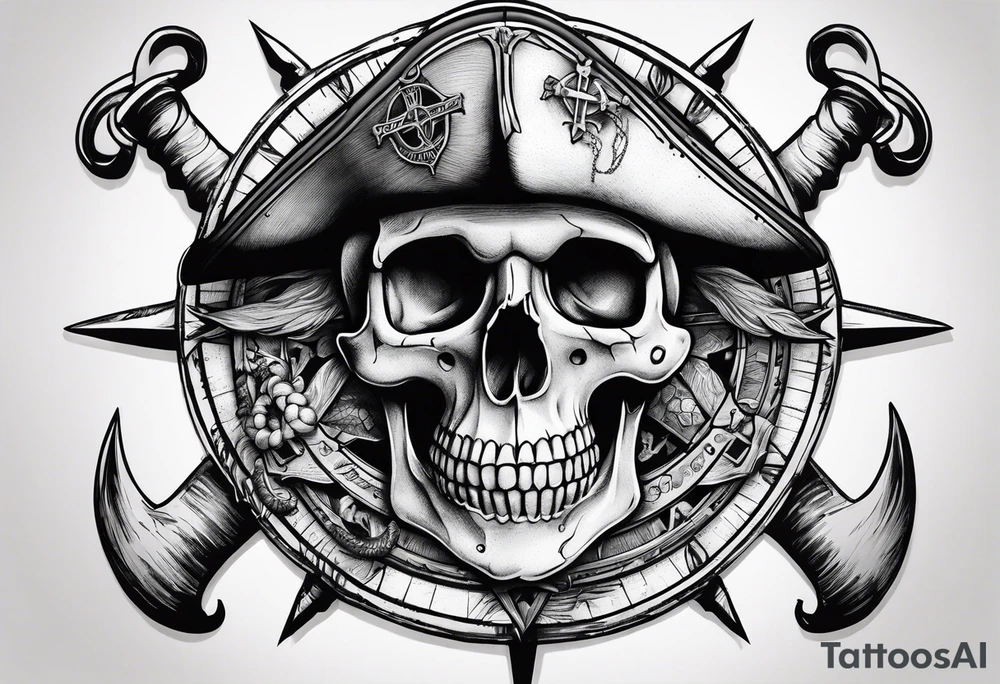 pirate themed compass with a skull and cross bones, oyster pearl, shark and starfish. tattoo idea