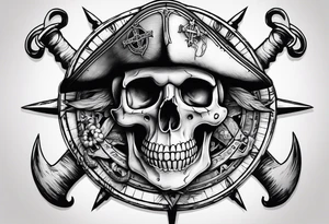 pirate themed compass with a skull and cross bones, oyster pearl, shark and starfish. tattoo idea