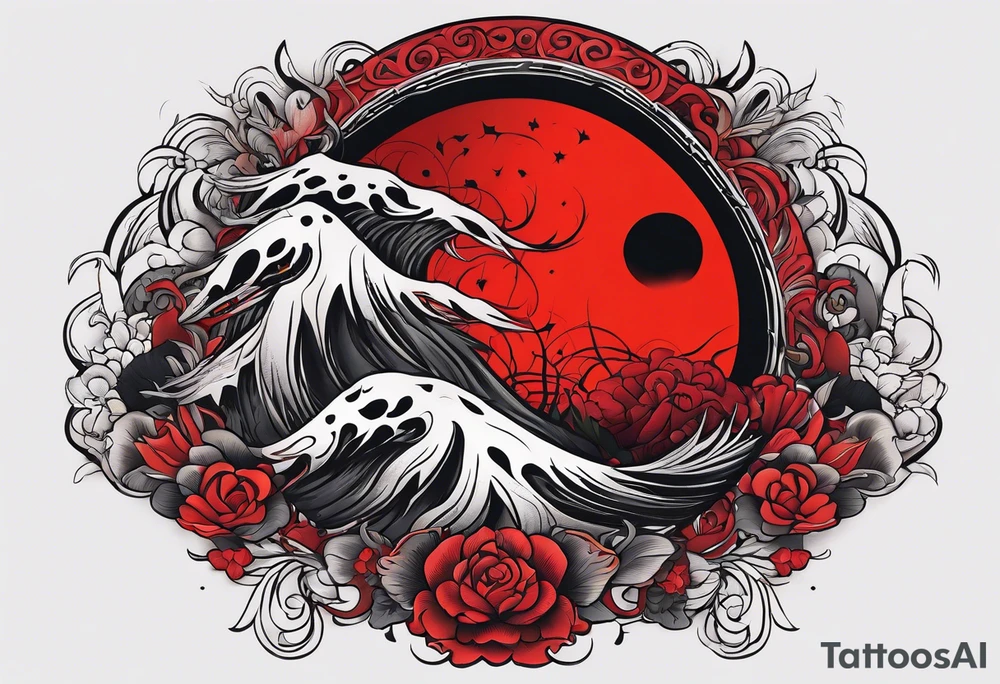 eclipse, vibrant colors (reds and blacks), dark fantasy tattoo idea
