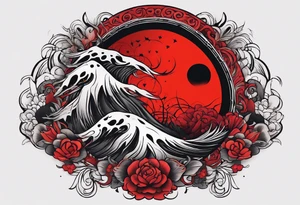eclipse, vibrant colors (reds and blacks), dark fantasy tattoo idea