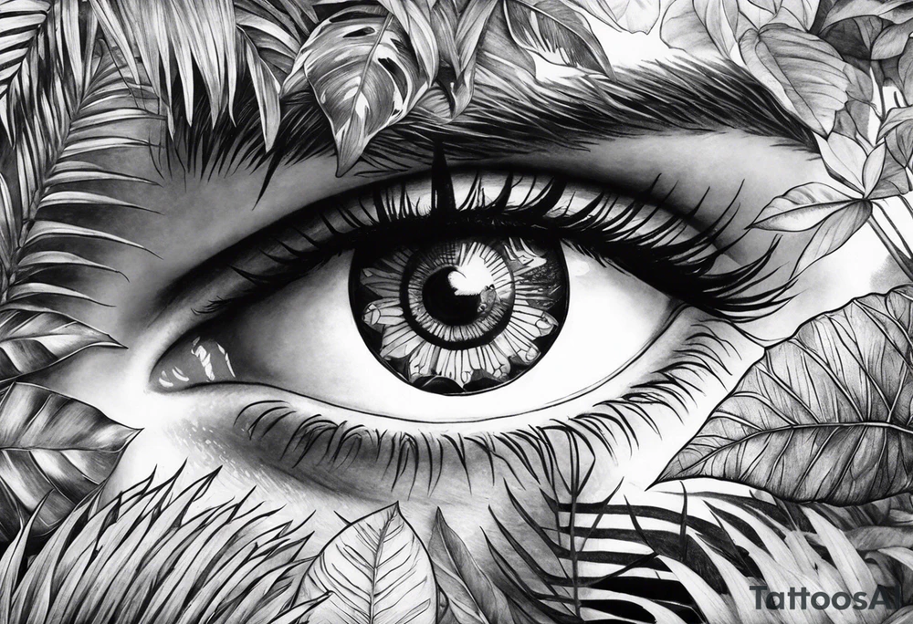 full arm sleeve tattoo with all-seeing eye surrounded by jungle plants tattoo idea