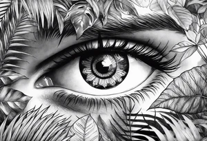 full arm sleeve tattoo with all-seeing eye surrounded by jungle plants tattoo idea