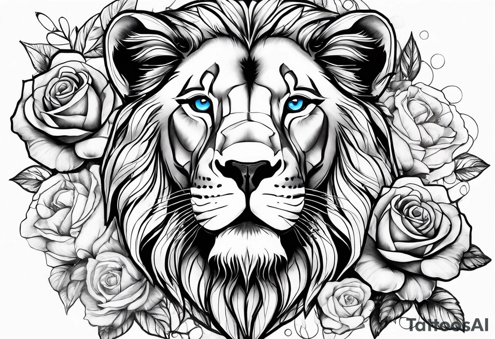 Clocks, with roses and lion with blue eyes tattoo idea