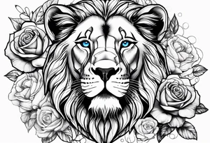 Clocks, with roses and lion with blue eyes tattoo idea