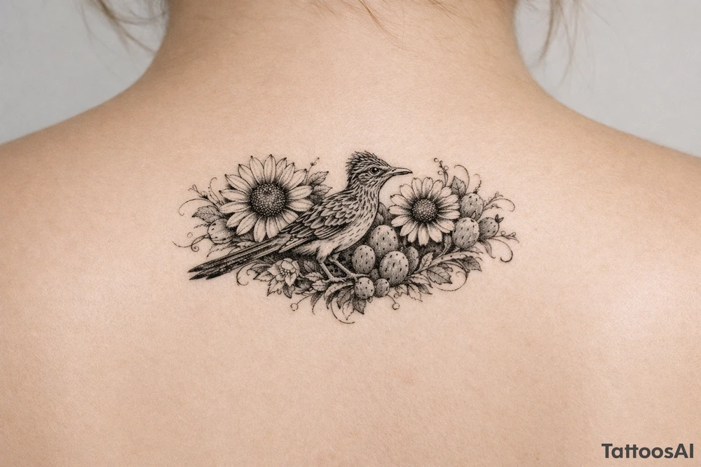 Wildflowers, sunflowers and Indian paint blanket flower with vines and cactus and realistic roadrunner drapes from shoulder to hand tattoo idea