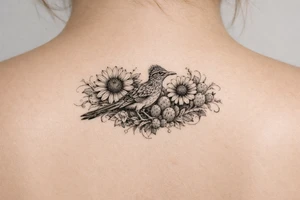 Wildflowers, sunflowers and Indian paint blanket flower with vines and cactus and realistic roadrunner drapes from shoulder to hand tattoo idea