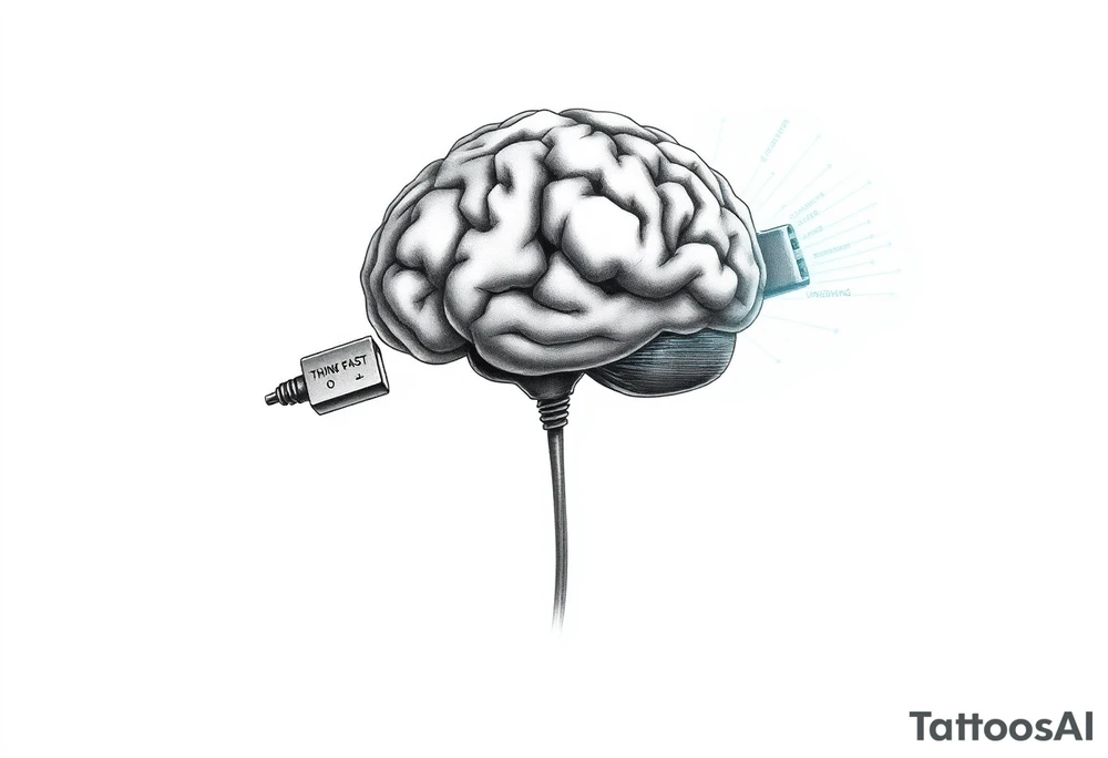 A Floating Brain with a USB Plug
A realistic human brain floating in the air, connected to a thick USB cable instead of a spine.
Holographic data streams running from it, displaying error codes or stock market numbers.
Could have a phrase like “THINK FAST” or “UPLOADING…”. tattoo idea