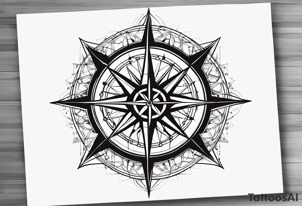 a classic compass rose as the central element with a molecular structure of serotonin tattoo idea