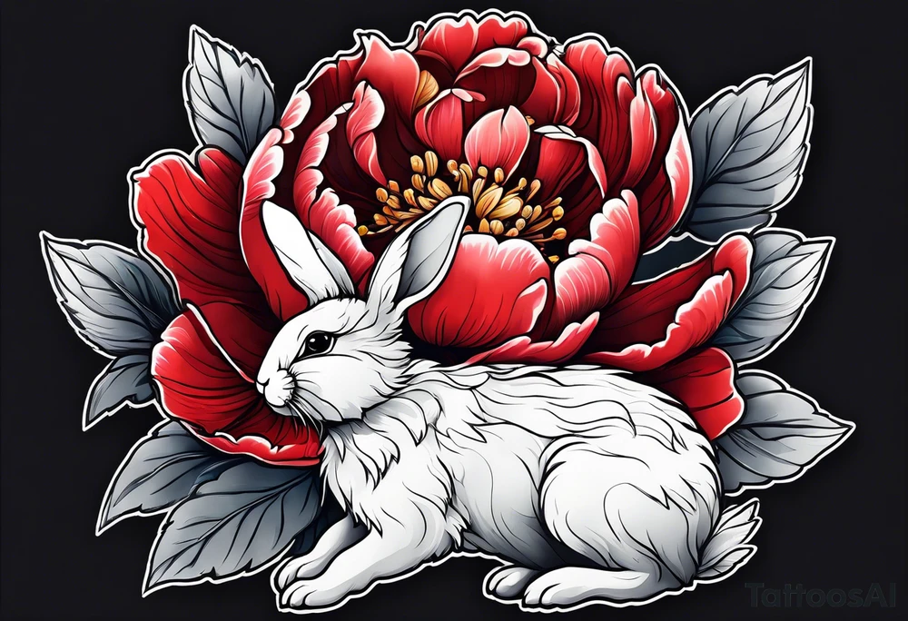 Red peony with tiny cute rabbit tattoo idea