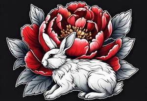 Red peony with tiny cute rabbit tattoo idea