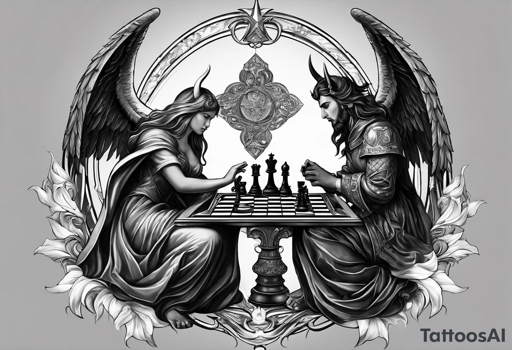 Depict an angel and devil engaged in a chess game, with the chessboard reflecting the cosmic battleground between good and evil, symbolizing the strategic nature of the eternal conflict. tattoo idea