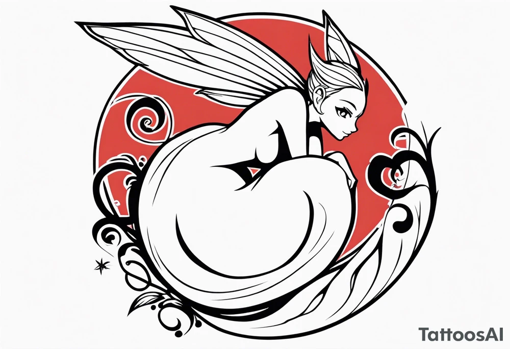 A fairy with a tail inspired by the logo of the show called Fairy Tail in a fetal position leaning in tattoo idea
