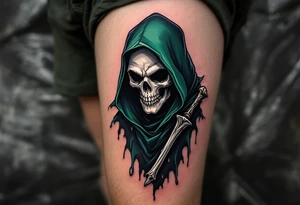 A hyper-realistic Reaper with silver bone details and a dark green cloak blending into shadows. tattoo idea