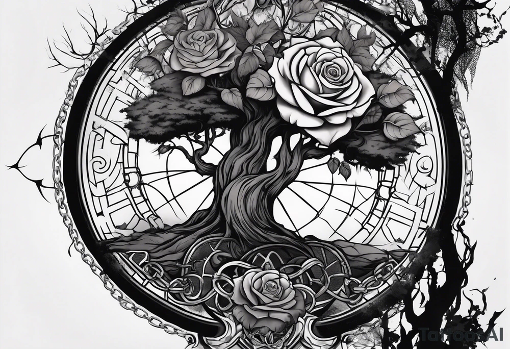 tattoo fool sleeve, old broken gothic home, broken sword, tree roots break out of the chains, roses tattoo idea