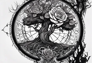 tattoo fool sleeve, old broken gothic home, broken sword, tree roots break out of the chains, roses tattoo idea