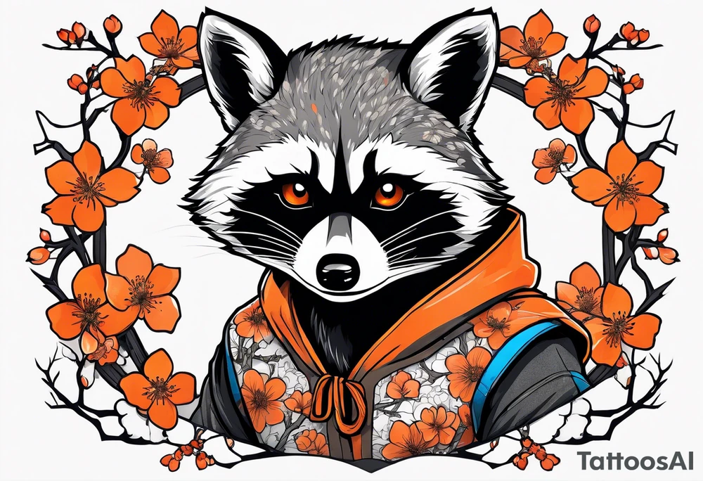 raccoon wearing a black and white Superman hoodie and orange Japanese cherry blossoms tattoo idea
