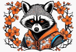 raccoon wearing a black and white Superman hoodie and orange Japanese cherry blossoms tattoo idea