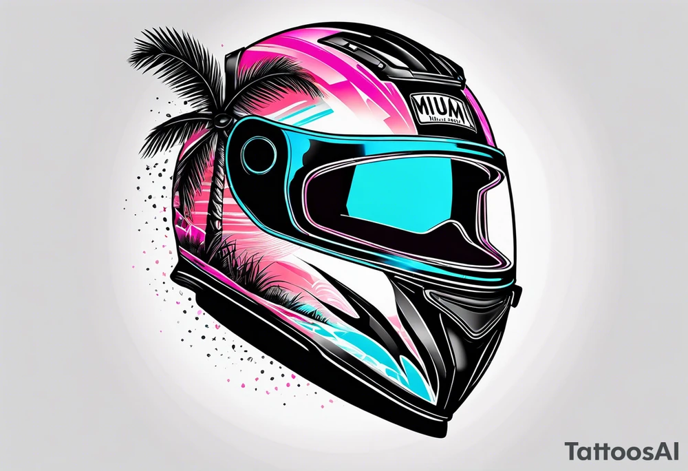 Formula 1 helment with the Miami name a palm tree and light blue black and pink colors tattoo idea