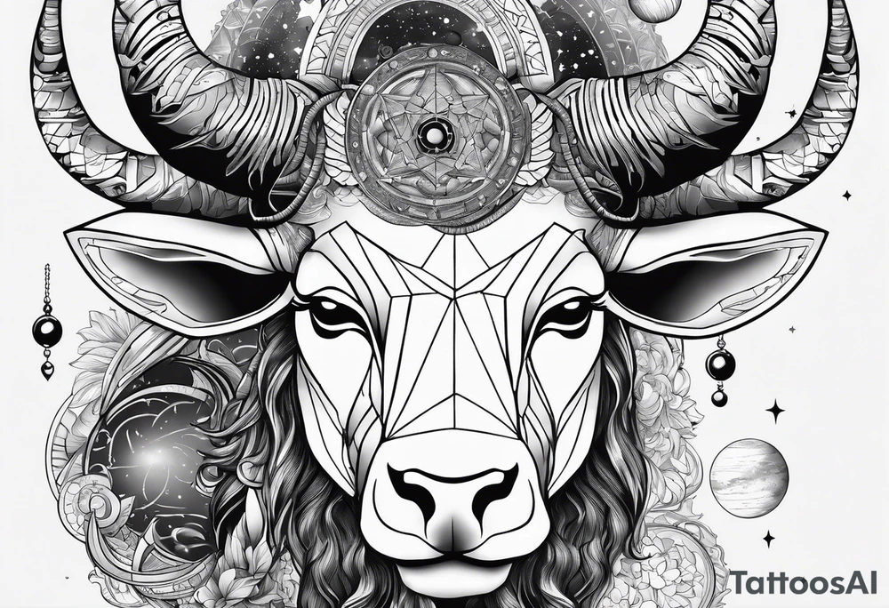Taurus head with the planets positions on May 20th, 1989. With an arrow splitting the head. Half geometric and half realistic tattoo idea