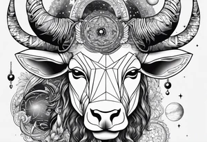 Taurus head with the planets positions on May 20th, 1989. With an arrow splitting the head. Half geometric and half realistic tattoo idea