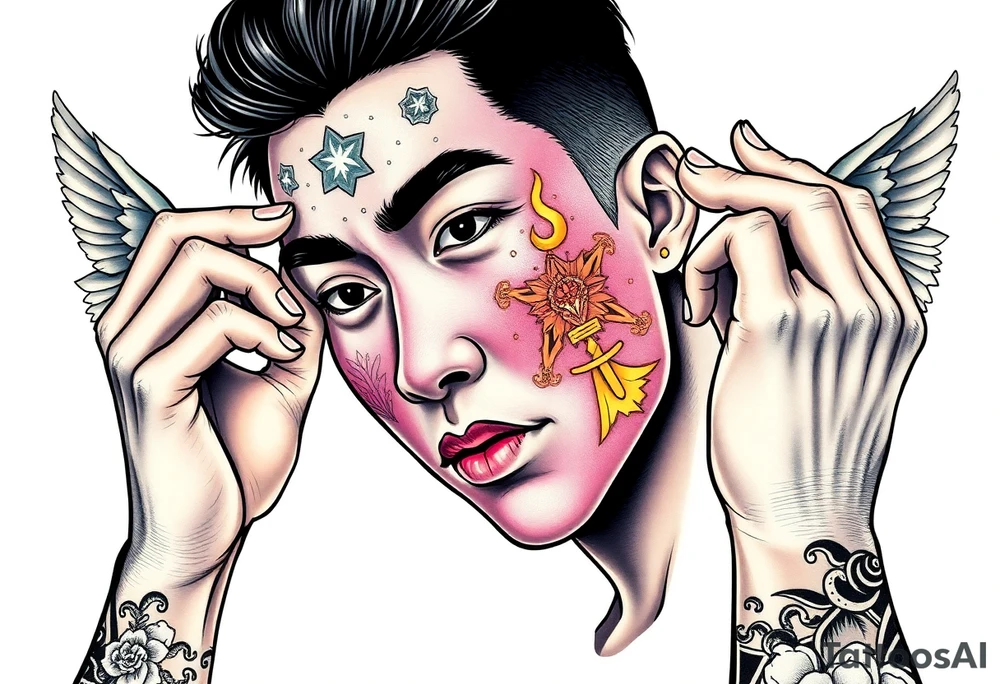 Handsome Asian young guy is putting ritual symbols on his face tattoo idea