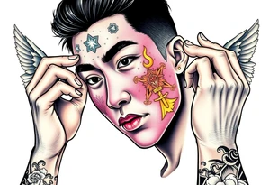 Handsome Asian young guy is putting ritual symbols on his face tattoo idea