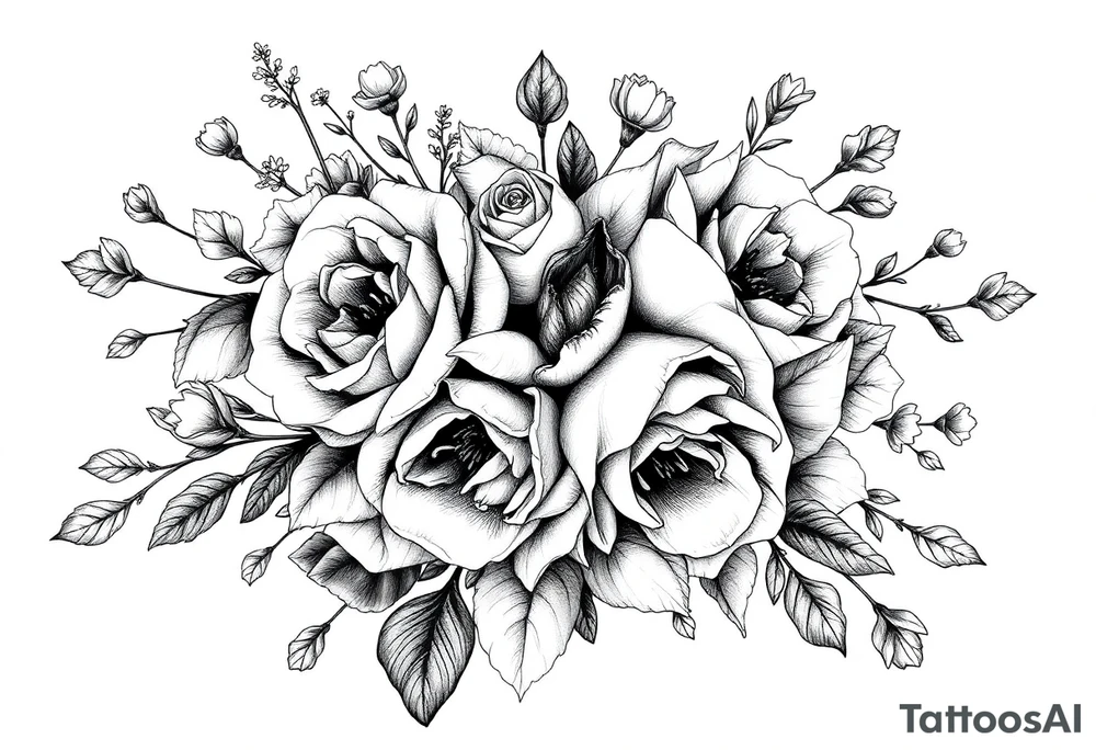 vintage bouquet of wild roses and meadow flowers with morning dew tattoo idea