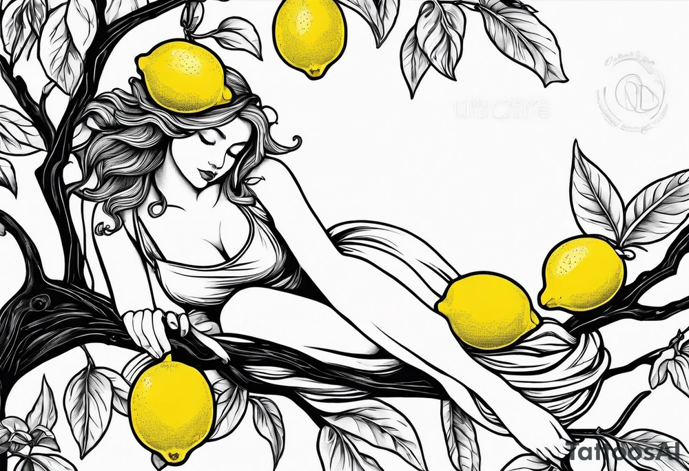 Fairy outline, asleep on a lemon on the branch of a lemon tree. tattoo idea