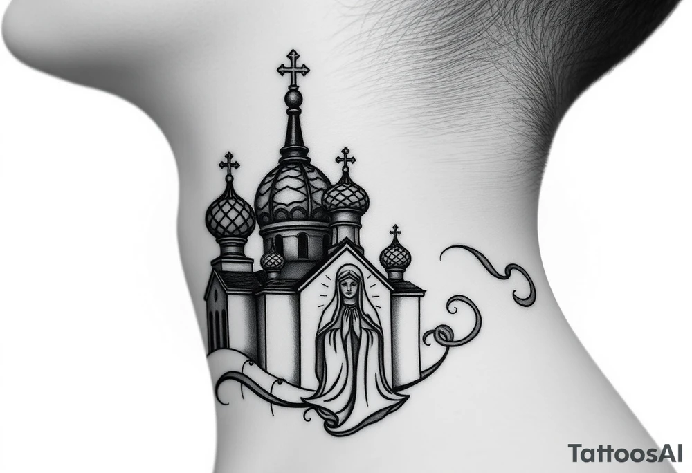 Flowing Scene

A onion domes orthodox church
Virgin Mary in prayer pose wrapping around the lower neck curve
A small double headed russian coat of arms eagle or just the star tucked above the dome near the hairline tattoo idea