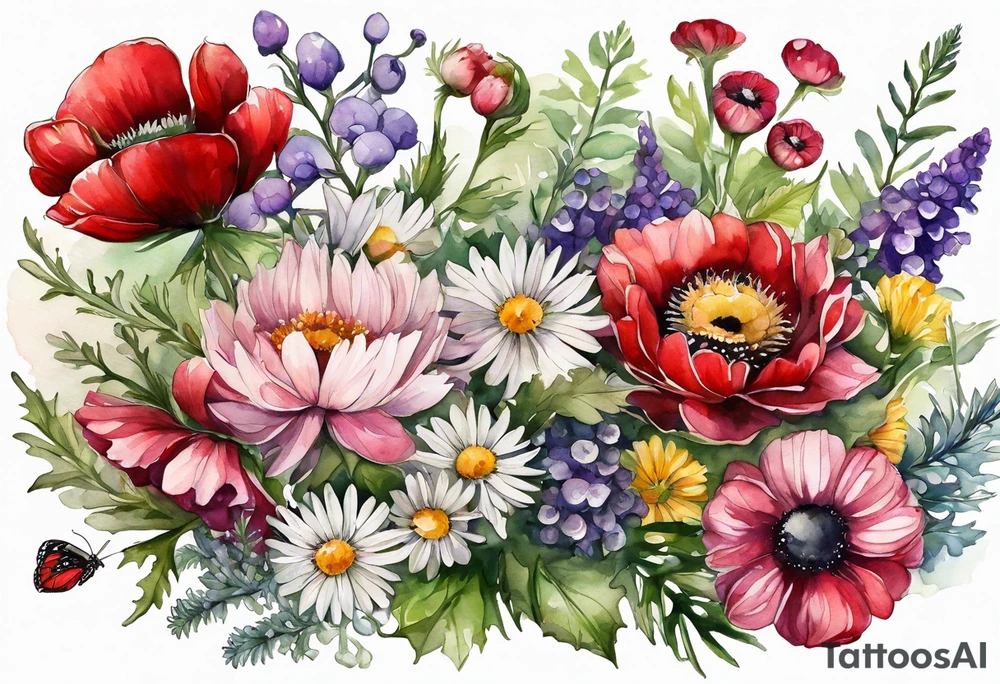 wildflowers with thistles, ferns, ranuculus, white anemones, sun flowers, red flowers, pink flowers, purple flowers, buttercups, babys breath, daisies, and greenery all in watercolor tattoo idea