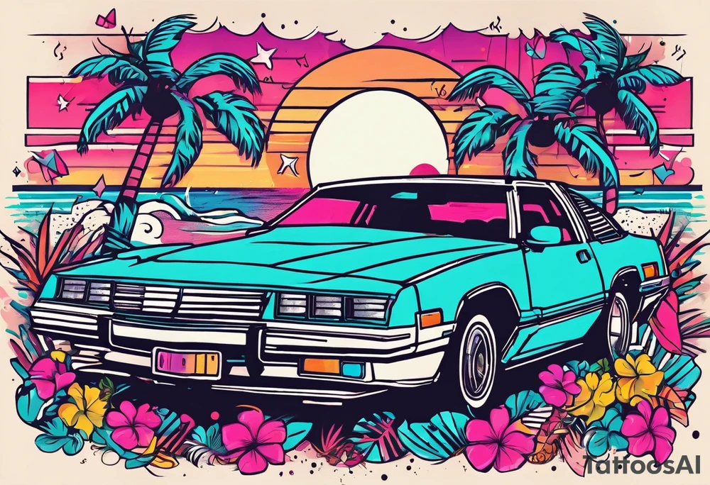 1980's miami vice style dance party with boom box, confetti, music notes in a retro eighties beach theme, no cars tattoo idea