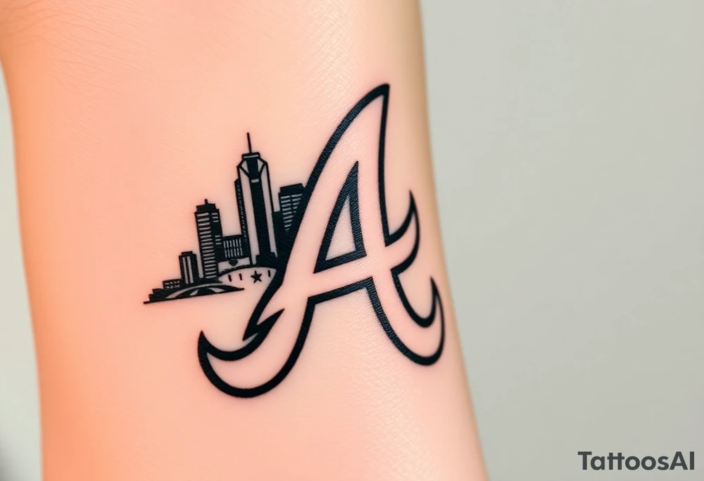 Atlanta Braves letter logo “A” overlapping a 3D Atlanta skyline behind the logo tattoo idea