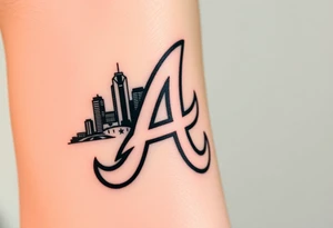 Atlanta Braves letter logo “A” overlapping a 3D Atlanta skyline behind the logo tattoo idea