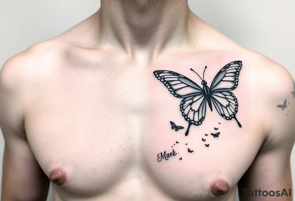 right side of chest coverup with butterflies with the name “Mark” tattoo idea