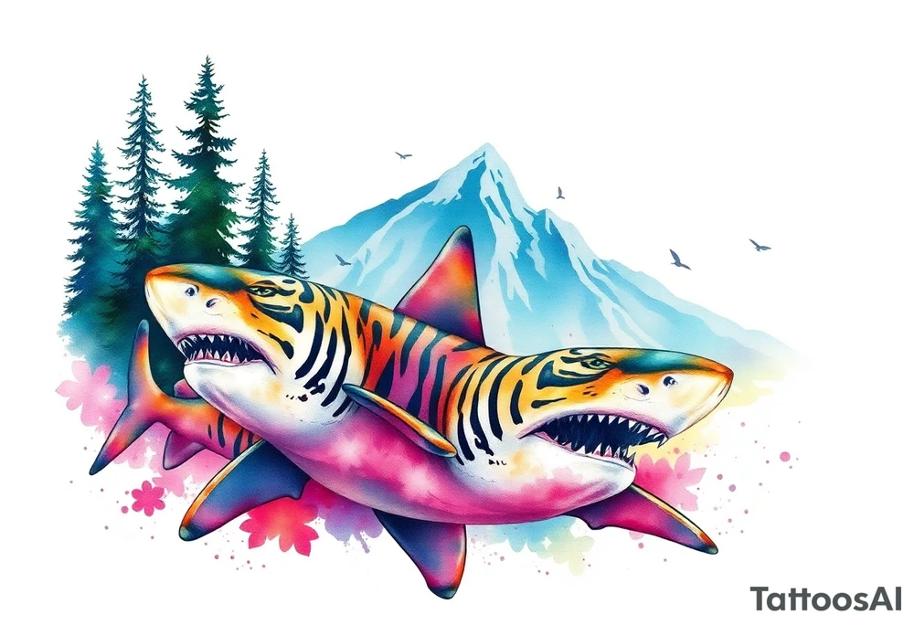 forest mountains and tiger sharks, tattoo idea
