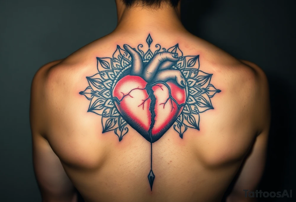 A heart that's half broken holding on by a thread and cracked with mandala art around it tattoo idea