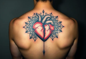 A heart that's half broken holding on by a thread and cracked with mandala art around it tattoo idea