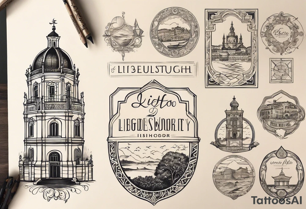 Create a tattoo design that symbolizes the connection between a family spread across Lisbon and Deggendorf, with a central figure who travels between the two. Incorporate the names, elements representing both countries' cultures and landmarks, linked by a path or journey motif. The design should evoke feelings of unity, distance, and the bond of family. tattoo idea