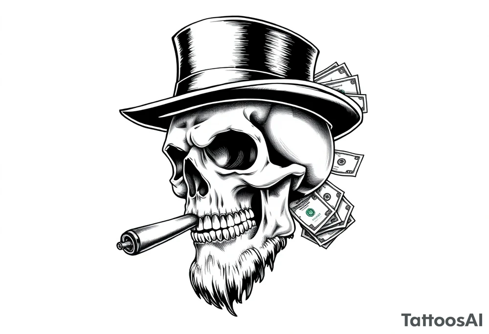 skull with mustache,a big cigar in his mouth,a top-hat on his head and alot of money in a hand. tattoo idea