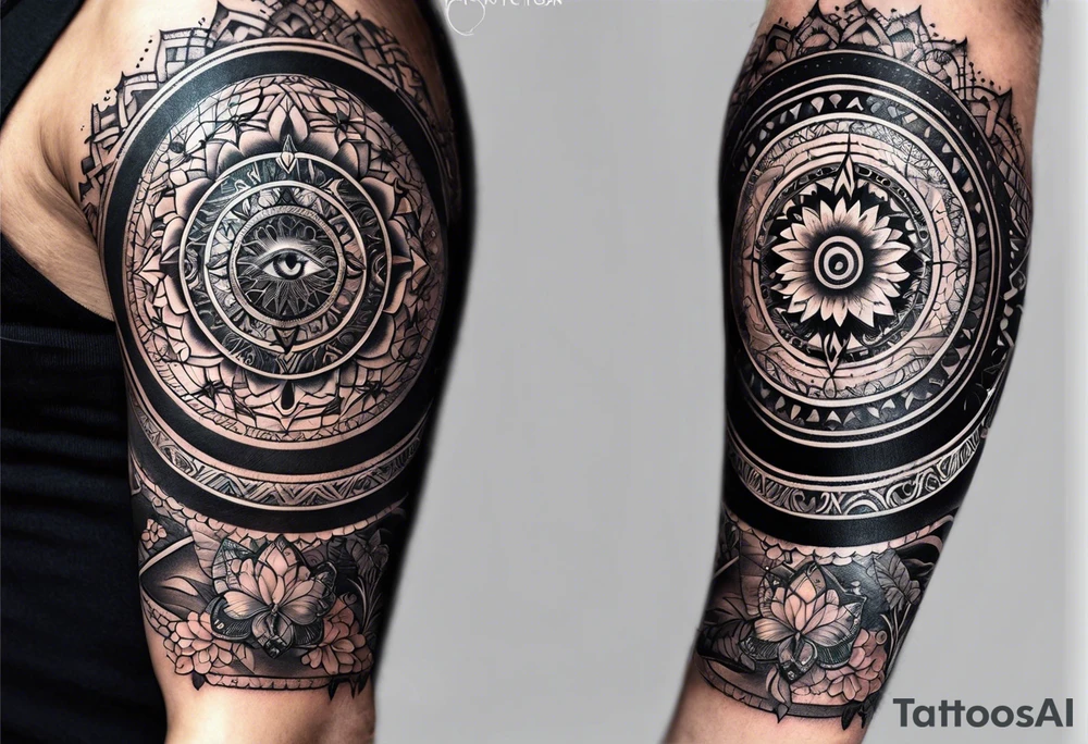 Spiritual mandala tattoo sleeve with 444, eye of Horus, tree of life and butterflies 10 inches tall tattoo idea