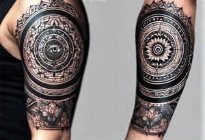 Spiritual mandala tattoo sleeve with 444, eye of Horus, tree of life and butterflies 10 inches tall tattoo idea