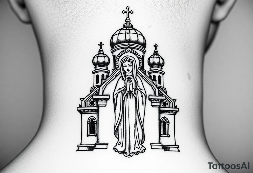 Russian orthodox church with bulb domes with a prominent russian orthodox style virgin mary stood outside with hands together tattoo idea