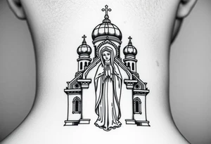 Russian orthodox church with bulb domes with a prominent russian orthodox style virgin mary stood outside with hands together tattoo idea
