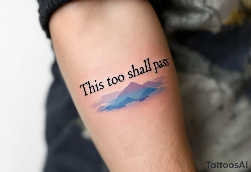 “This too shall pass” in classic serif font, fading from deep navy to pale sky blue. tattoo idea