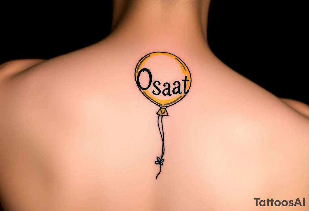small yellow balloon with letters osaat on bicep tattoo idea